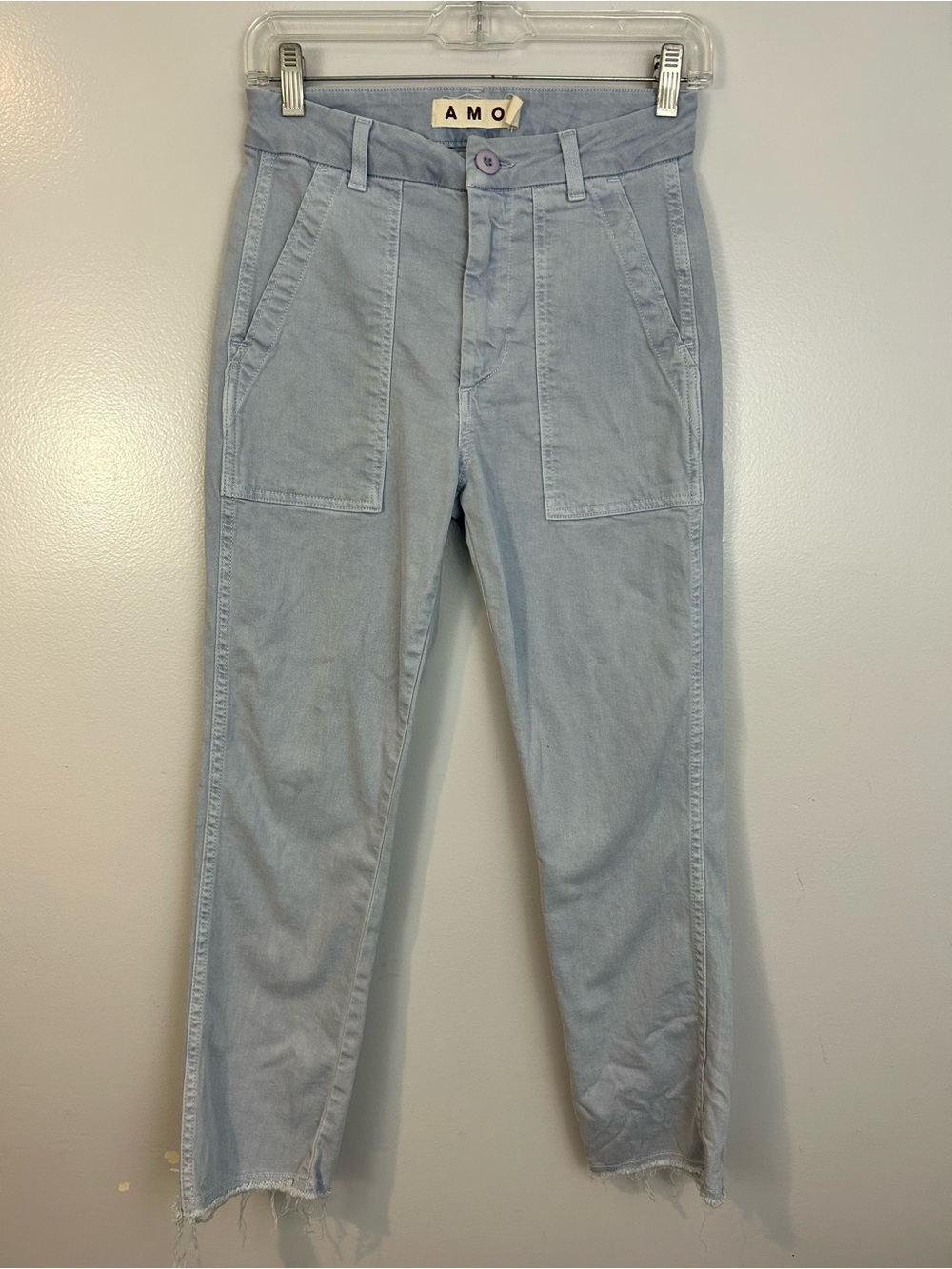 AMO Pale Blue Easy Army Trouser Utility High Rise Ankle Pants Raw Hem Size 24